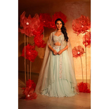 SWATHI VELDANDI Calming Ice Blue Lehenga with Cape and Blouse (Set of 3)