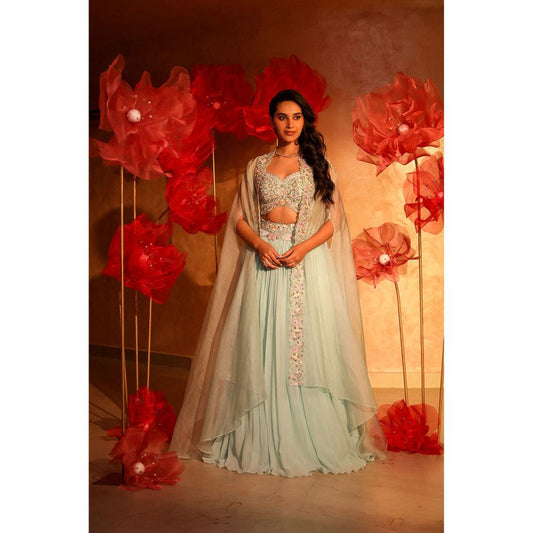 SWATHI VELDANDI Calming Ice Blue Lehenga with Cape and Blouse (Set of 3)