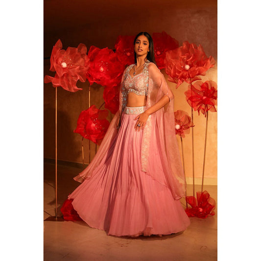 SWATHI VELDANDI Calica Cameo Pink Lehenga with Cape and Blouse (Set of 3)