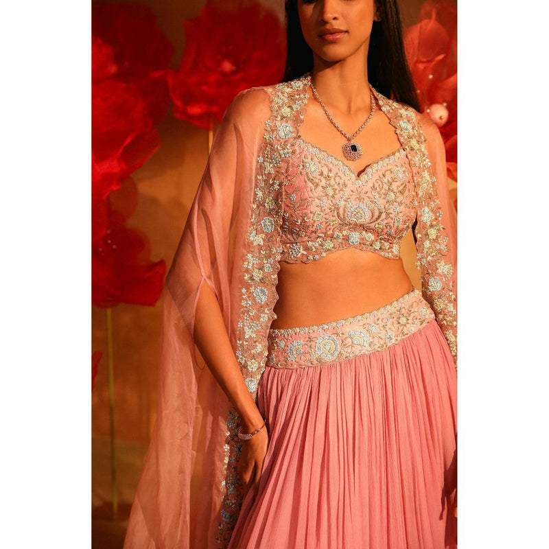 SWATHI VELDANDI Calica Cameo Pink Lehenga with Cape and Blouse (Set of 3)