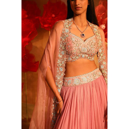 SWATHI VELDANDI Calica Cameo Pink Lehenga with Cape and Blouse (Set of 3)