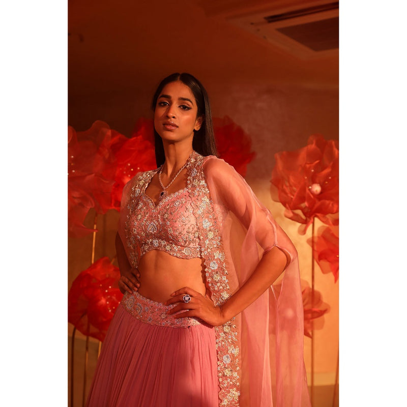 SWATHI VELDANDI Calica Cameo Pink Lehenga with Cape and Blouse (Set of 3)