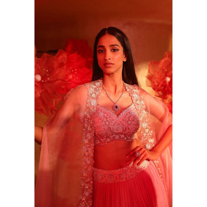 SWATHI VELDANDI Calica Cameo Pink Lehenga with Cape and Blouse (Set of 3)