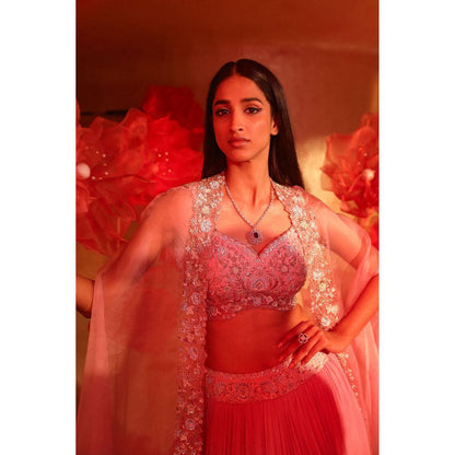 SWATHI VELDANDI Calica Cameo Pink Lehenga with Cape and Blouse (Set of 3)