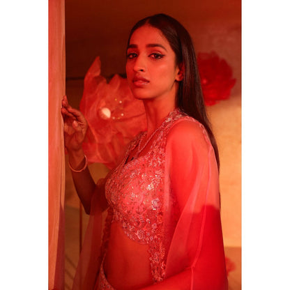 SWATHI VELDANDI Calica Cameo Pink Lehenga with Cape and Blouse (Set of 3)