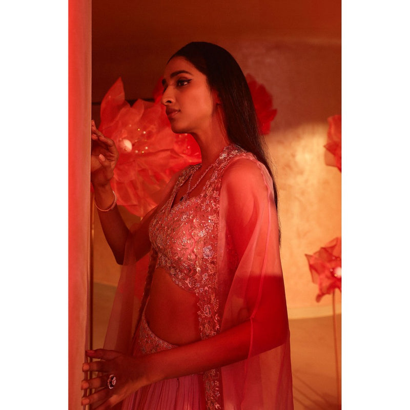 SWATHI VELDANDI Calica Cameo Pink Lehenga with Cape and Blouse (Set of 3)