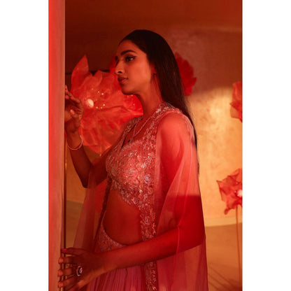 SWATHI VELDANDI Calica Cameo Pink Lehenga with Cape and Blouse (Set of 3)