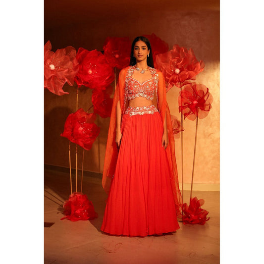 SWATHI VELDANDI Glamorous Orange Lehenga with Cape and Blouse (Set of 3)