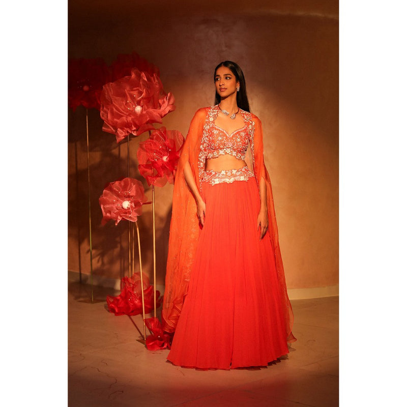SWATHI VELDANDI Glamorous Orange Lehenga with Cape and Blouse (Set of 3)