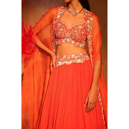 SWATHI VELDANDI Glamorous Orange Lehenga with Cape and Blouse (Set of 3)