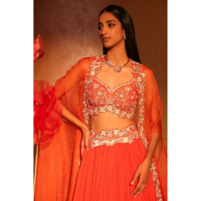 SWATHI VELDANDI Glamorous Orange Lehenga with Cape and Blouse (Set of 3)