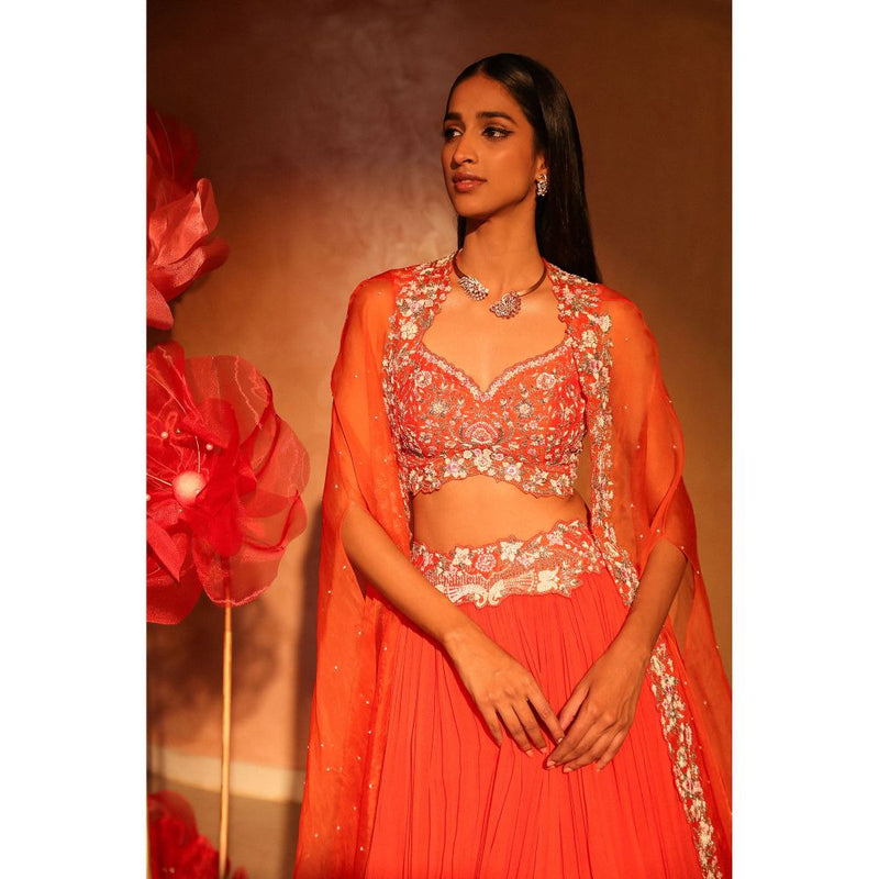 SWATHI VELDANDI Glamorous Orange Lehenga with Cape and Blouse (Set of 3)