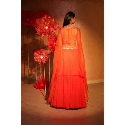 SWATHI VELDANDI Glamorous Orange Lehenga with Cape and Blouse (Set of 3)