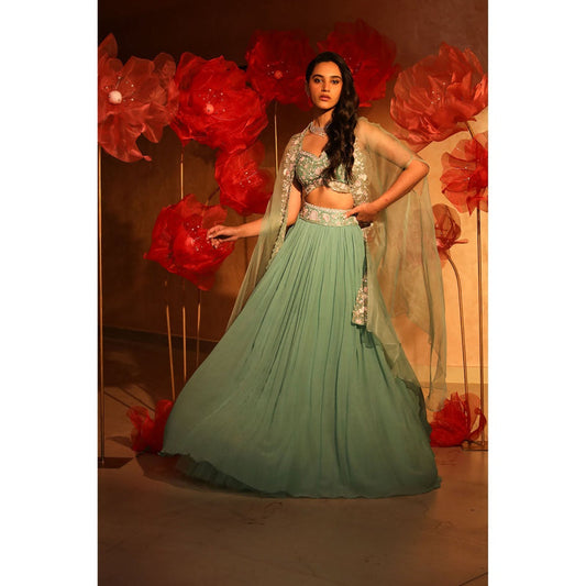 SWATHI VELDANDI Ablaze Agate Green Lehenga with Cape and Blouse (Set of 3)