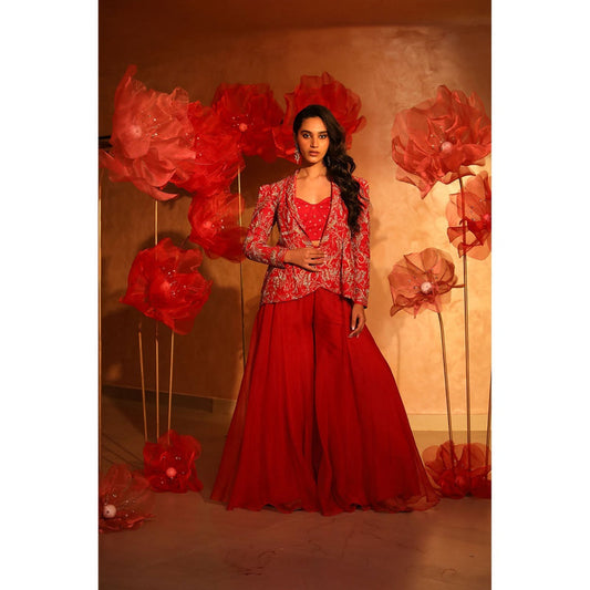 SWATHI VELDANDI Radiant Red Bustier with Palazzo and Embroidered Jacket (Set of 3)