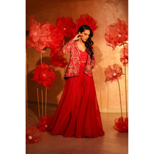 SWATHI VELDANDI Radiant Red Bustier with Palazzo and Embroidered Jacket (Set of 3)