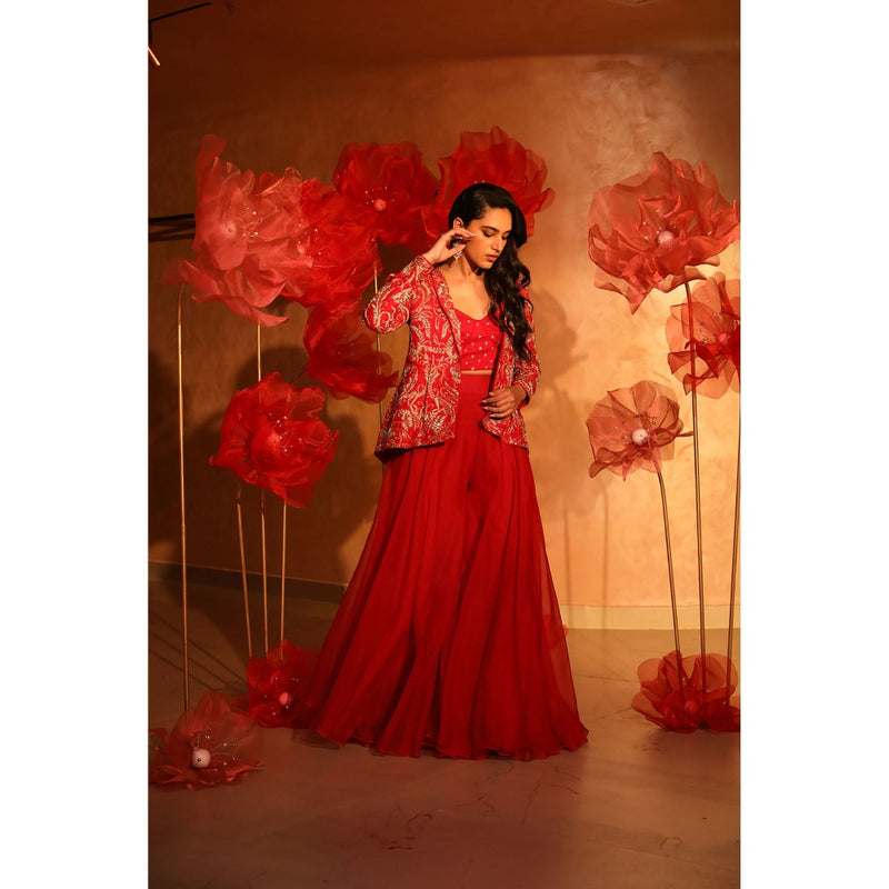 SWATHI VELDANDI Radiant Red Bustier with Palazzo and Embroidered Jacket (Set of 3)