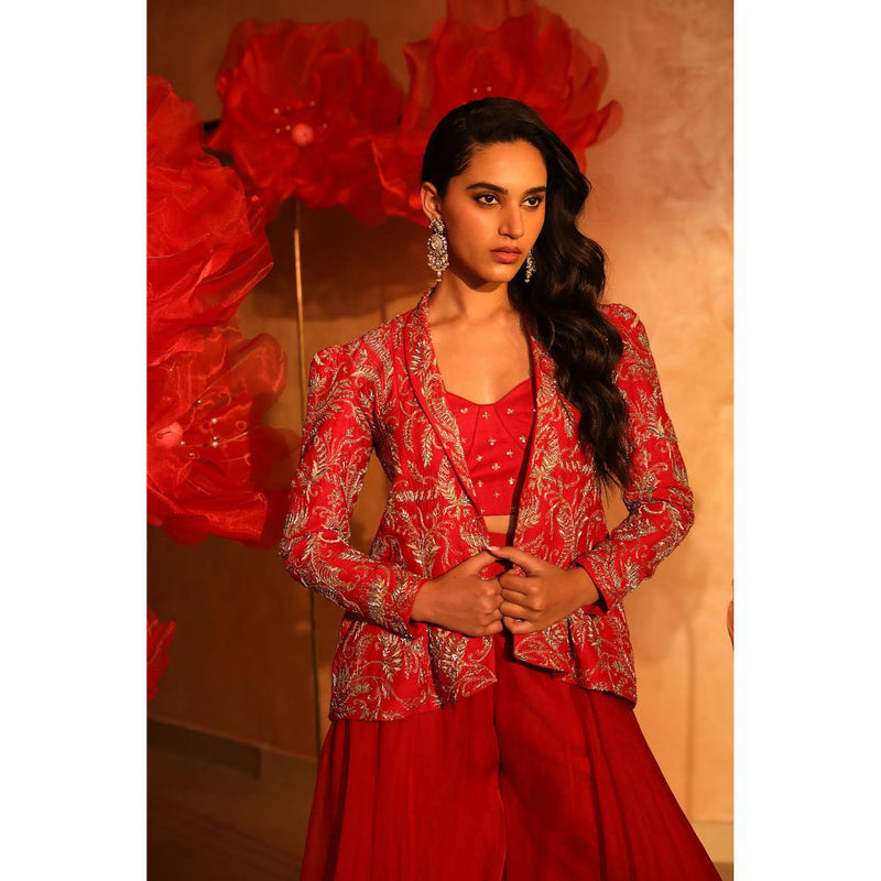 SWATHI VELDANDI Radiant Red Bustier with Palazzo and Embroidered Jacket (Set of 3)