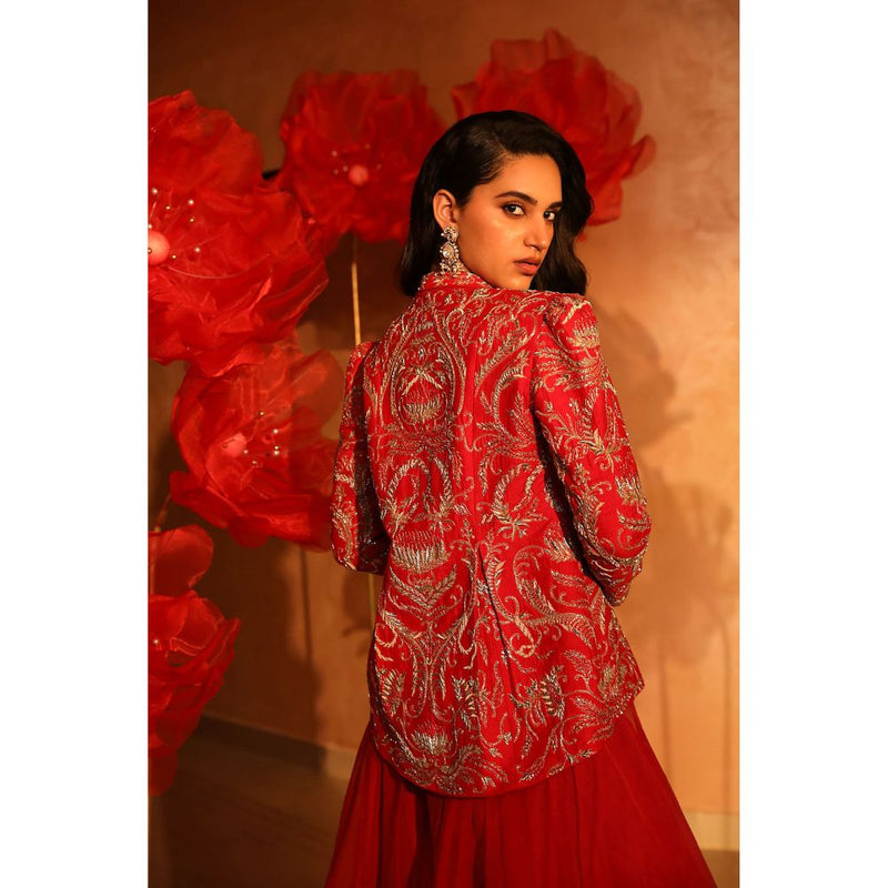 SWATHI VELDANDI Radiant Red Bustier with Palazzo and Embroidered Jacket (Set of 3)