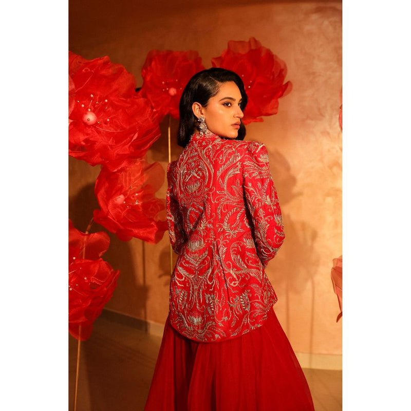 SWATHI VELDANDI Radiant Red Bustier with Palazzo and Embroidered Jacket (Set of 3)