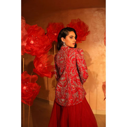 SWATHI VELDANDI Radiant Red Bustier with Palazzo and Embroidered Jacket (Set of 3)