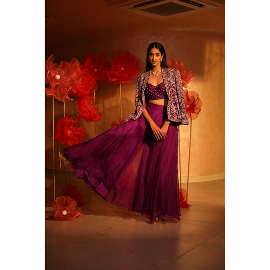 SWATHI VELDANDI Premium Purple Bustier with Palazzo and Embroidered Jacket (Set of 3)