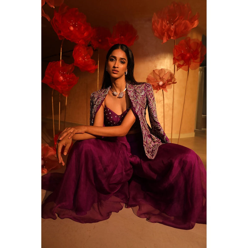 SWATHI VELDANDI Premium Purple Bustier with Palazzo and Embroidered Jacket (Set of 3)