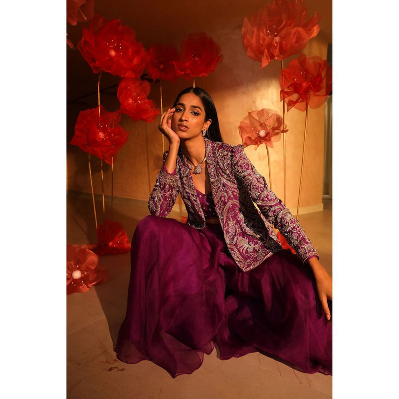 SWATHI VELDANDI Premium Purple Bustier with Palazzo and Embroidered Jacket (Set of 3)