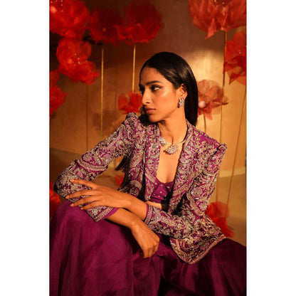 SWATHI VELDANDI Premium Purple Bustier with Palazzo and Embroidered Jacket (Set of 3)