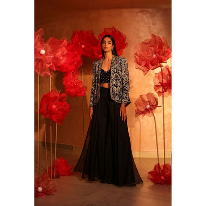SWATHI VELDANDI Classy Black Bustier with Palazzo and Embroidered Jacket (Set of 3)