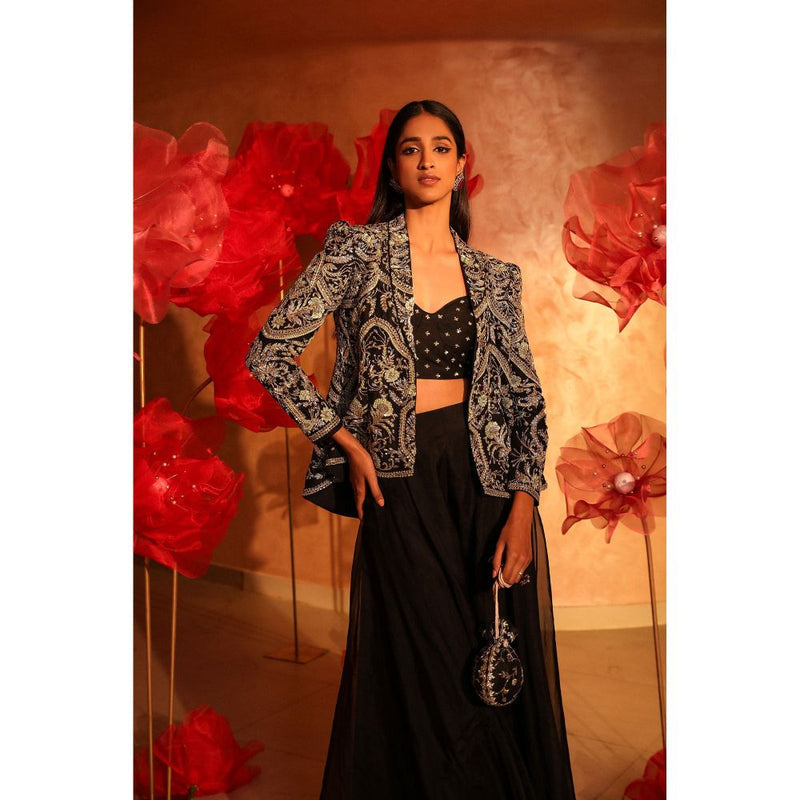 SWATHI VELDANDI Classy Black Bustier with Palazzo and Embroidered Jacket (Set of 3)