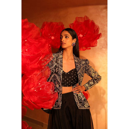 SWATHI VELDANDI Classy Black Bustier with Palazzo and Embroidered Jacket (Set of 3)
