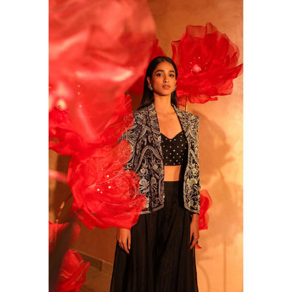 SWATHI VELDANDI Classy Black Bustier with Palazzo and Embroidered Jacket (Set of 3)