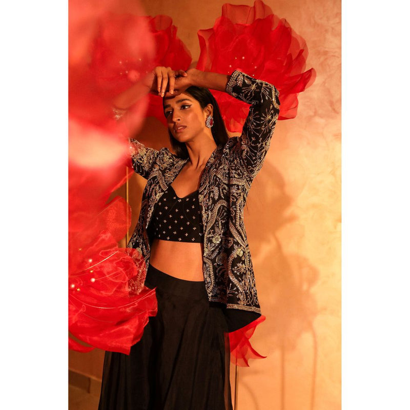 SWATHI VELDANDI Classy Black Bustier with Palazzo and Embroidered Jacket (Set of 3)