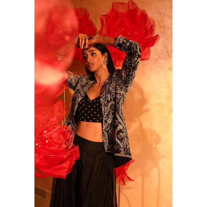 SWATHI VELDANDI Classy Black Bustier with Palazzo and Embroidered Jacket (Set of 3)