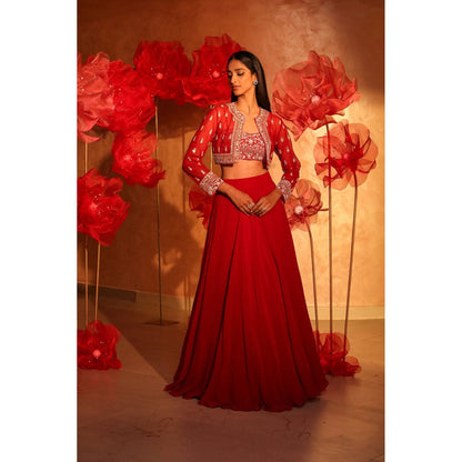 SWATHI VELDANDI Radiant Red Lehenga with Bustier and Embroided Jacket (Set of 3)