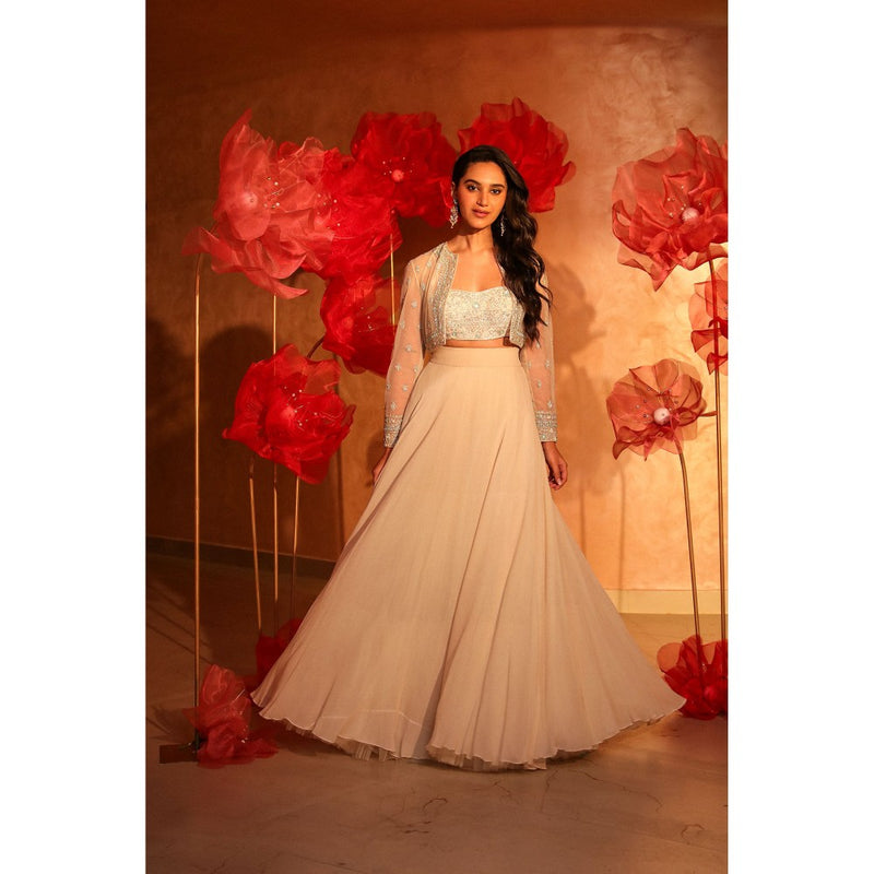 SWATHI VELDANDI Belleza Ivory Lehenga with Bustier and Embroided Jacket (Set of 3)