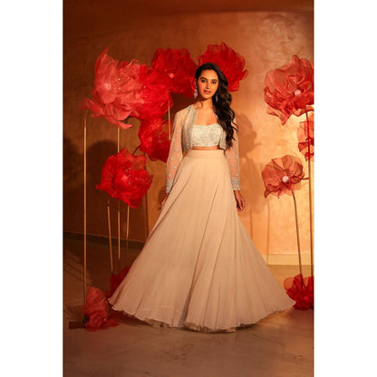 SWATHI VELDANDI Belleza Ivory Lehenga with Bustier and Embroided Jacket (Set of 3)