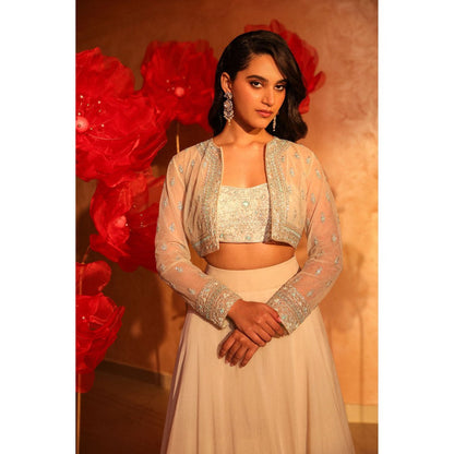 SWATHI VELDANDI Belleza Ivory Lehenga with Bustier and Embroided Jacket (Set of 3)
