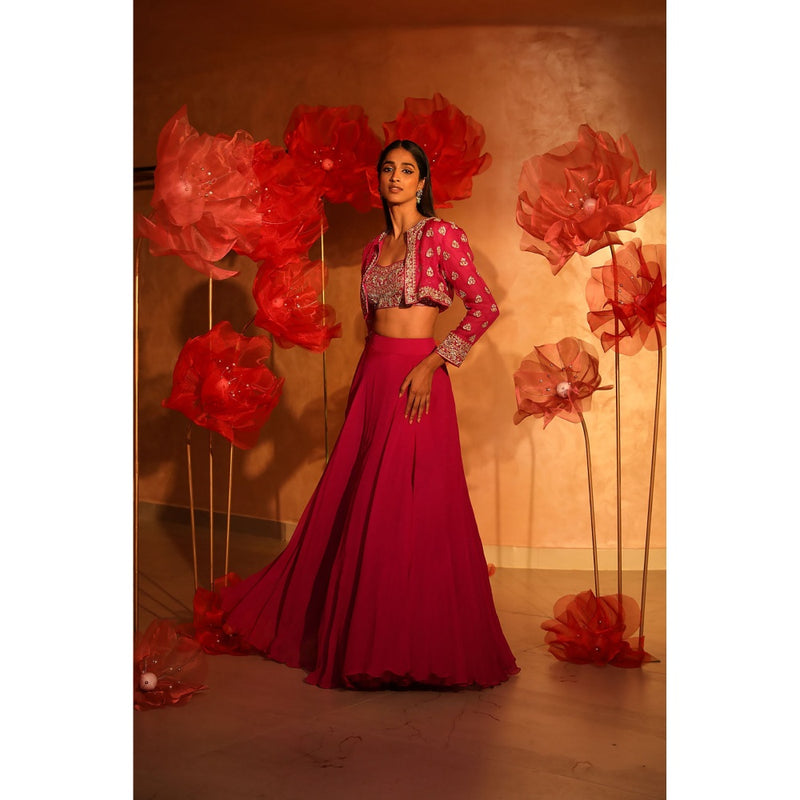 SWATHI VELDANDI Melodic Magenta Pink Lehenga with Bustier and Embroided Jacket (Set of 3)