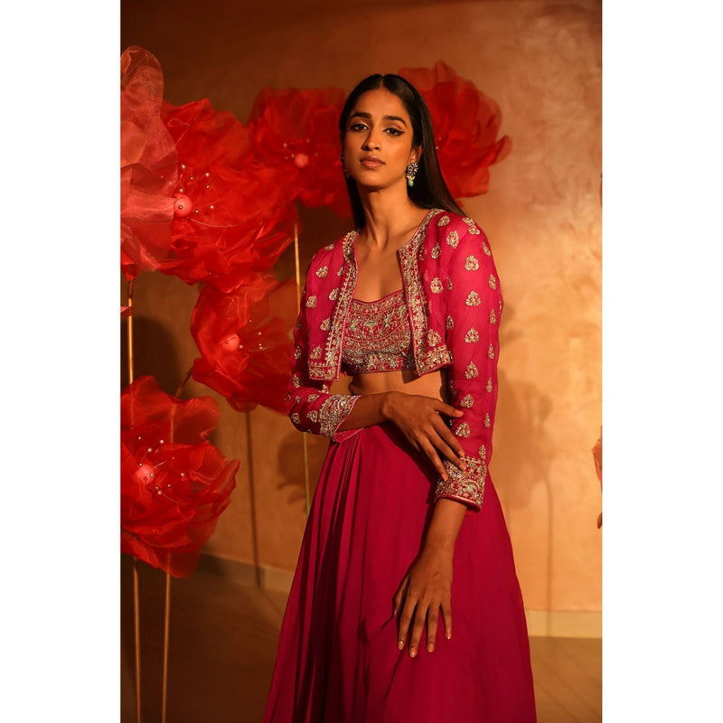 SWATHI VELDANDI Melodic Magenta Pink Lehenga with Bustier and Embroided Jacket (Set of 3)