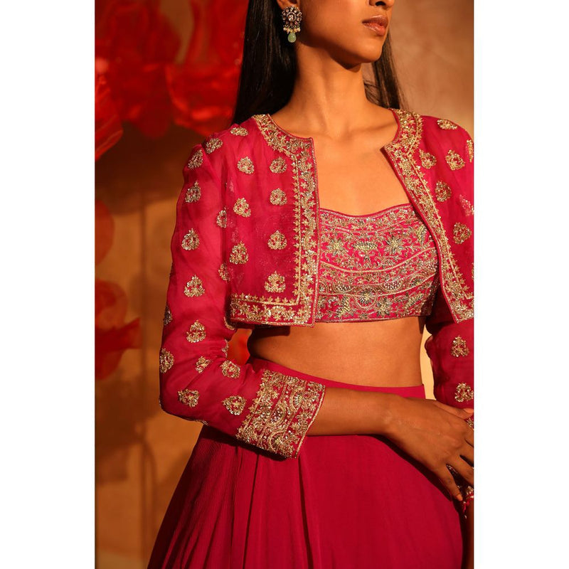SWATHI VELDANDI Melodic Magenta Pink Lehenga with Bustier and Embroided Jacket (Set of 3)