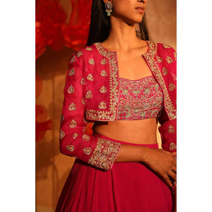 SWATHI VELDANDI Melodic Magenta Pink Lehenga with Bustier and Embroided Jacket (Set of 3)