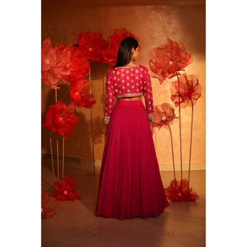 SWATHI VELDANDI Melodic Magenta Pink Lehenga with Bustier and Embroided Jacket (Set of 3)
