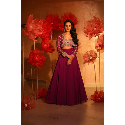 SWATHI VELDANDI Precious Purple Lehenga with Bustier and Embroided Jacket (Set of 3)