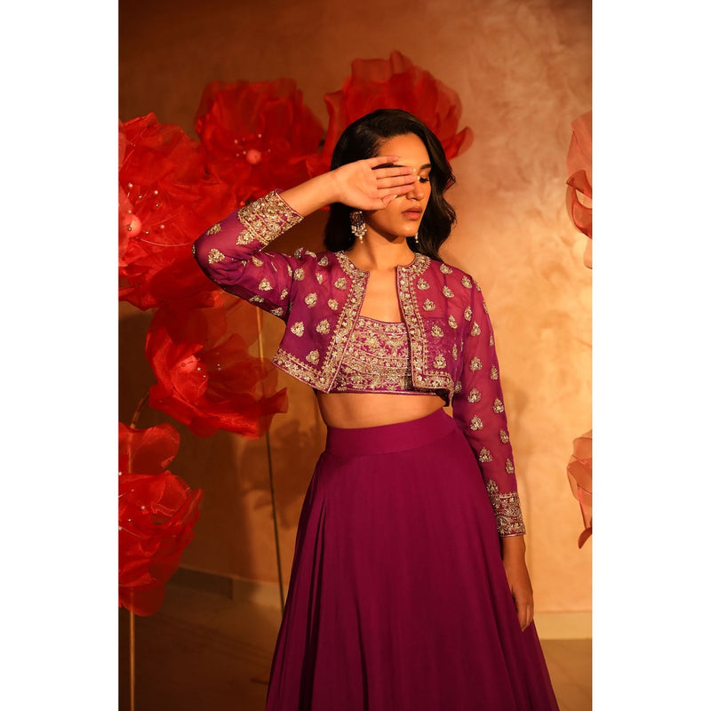 SWATHI VELDANDI Precious Purple Lehenga with Bustier and Embroided Jacket (Set of 3)