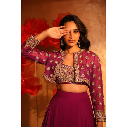 SWATHI VELDANDI Precious Purple Lehenga with Bustier and Embroided Jacket (Set of 3)