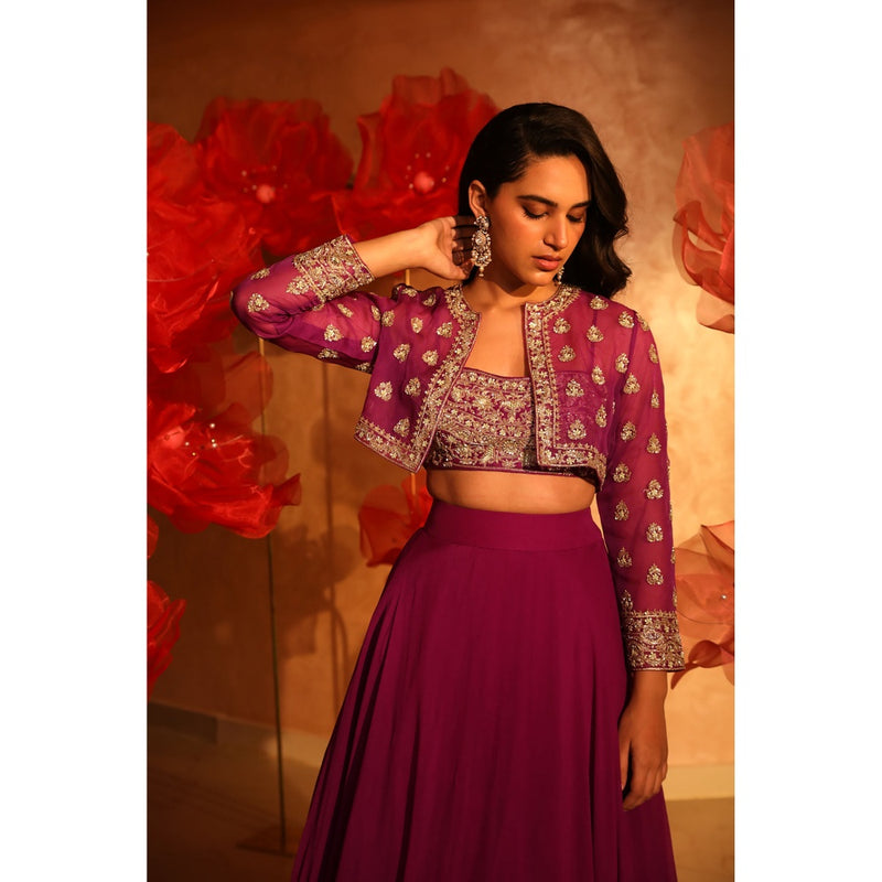 SWATHI VELDANDI Precious Purple Lehenga with Bustier and Embroided Jacket (Set of 3)