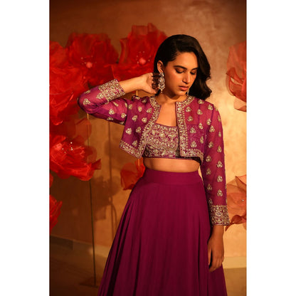 SWATHI VELDANDI Precious Purple Lehenga with Bustier and Embroided Jacket (Set of 3)