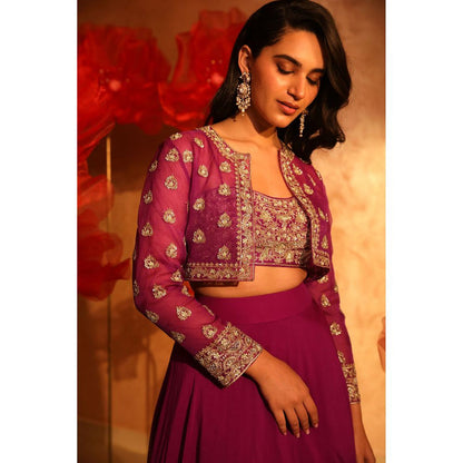 SWATHI VELDANDI Precious Purple Lehenga with Bustier and Embroided Jacket (Set of 3)